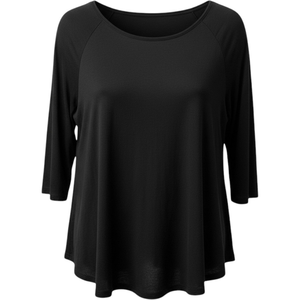 Vecceli Italy Black Tunic Top Size L 3/4 Sleeves Sharkbite Hem Shell Button Back